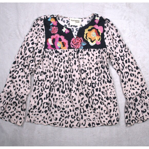 Savannah Jane Floral Embroidered Leopard Long Sleeve Peasant Top Size S - Picture 6 of 6